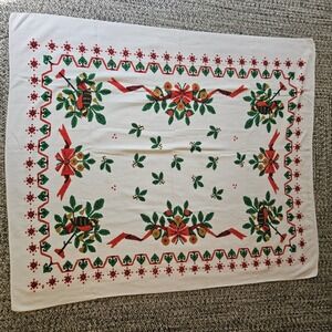 Christmas Terrycloth Tablecloth Birds Berries‎ Ribbon Holiday Decor 58x48" Vtg